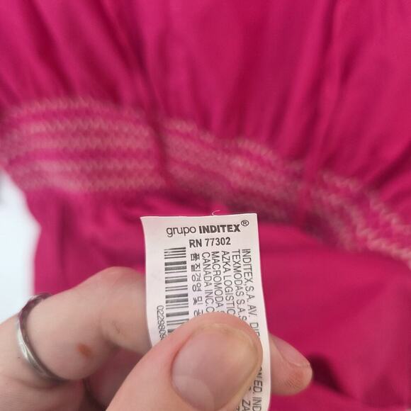 Zara‎ Fuschia Pink Smocked Embroidered Puff Sleeve Tassels Mini Dress Size Large - Picture 8 of 10